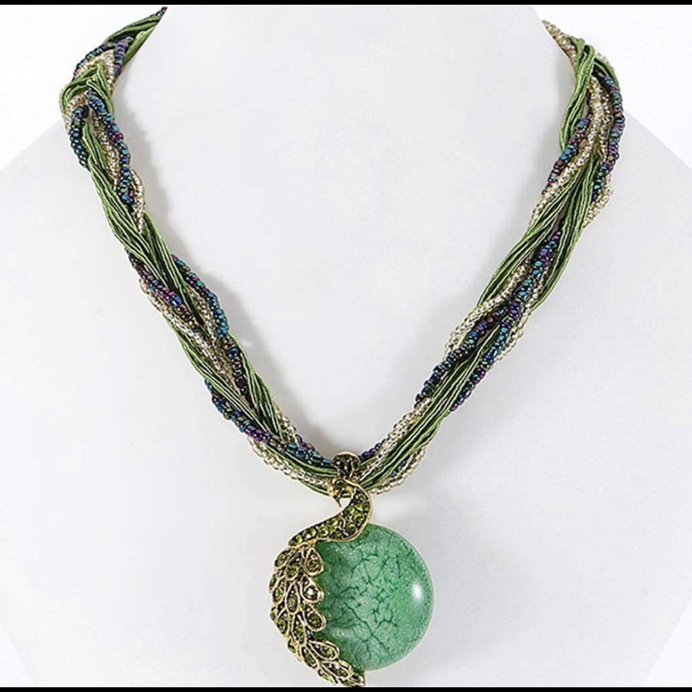 Beaded Style Pendant Opal Peacock Necklace